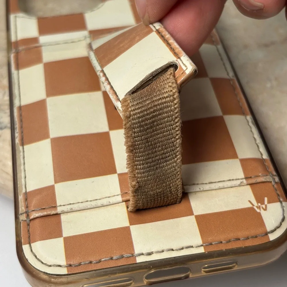 Walli iPhone‎ 12 Pro Max Case Tan Cream Checkered Strap Card Slot